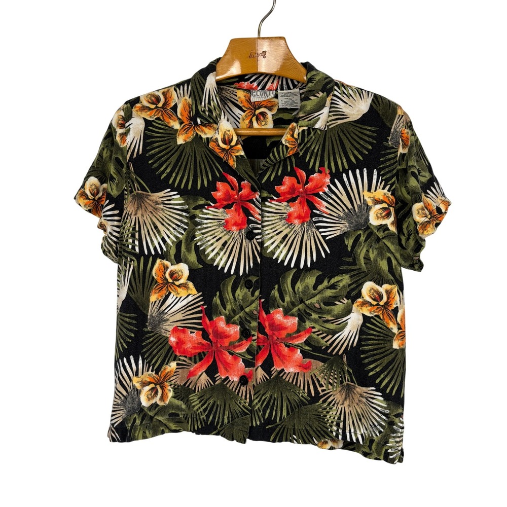 White Stag Tropical Hawaiian Camp Shirt Womens Large Black‎ Floral Rayon